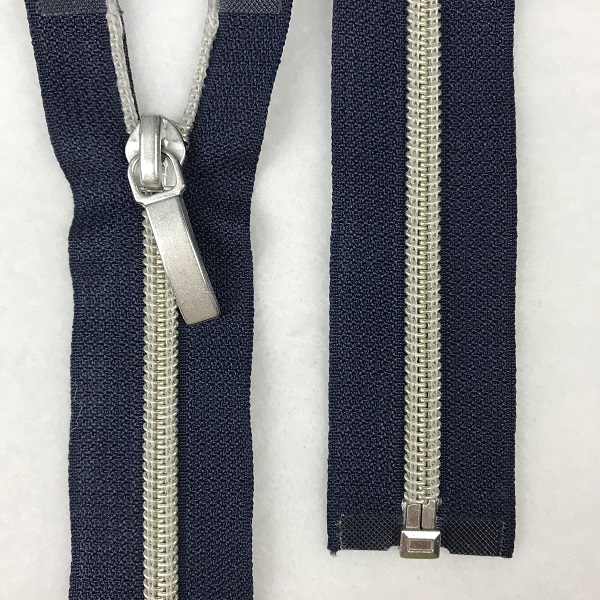 5 Matte Silver Nylon Coil Zippers with Navy Tape & Matte Silver